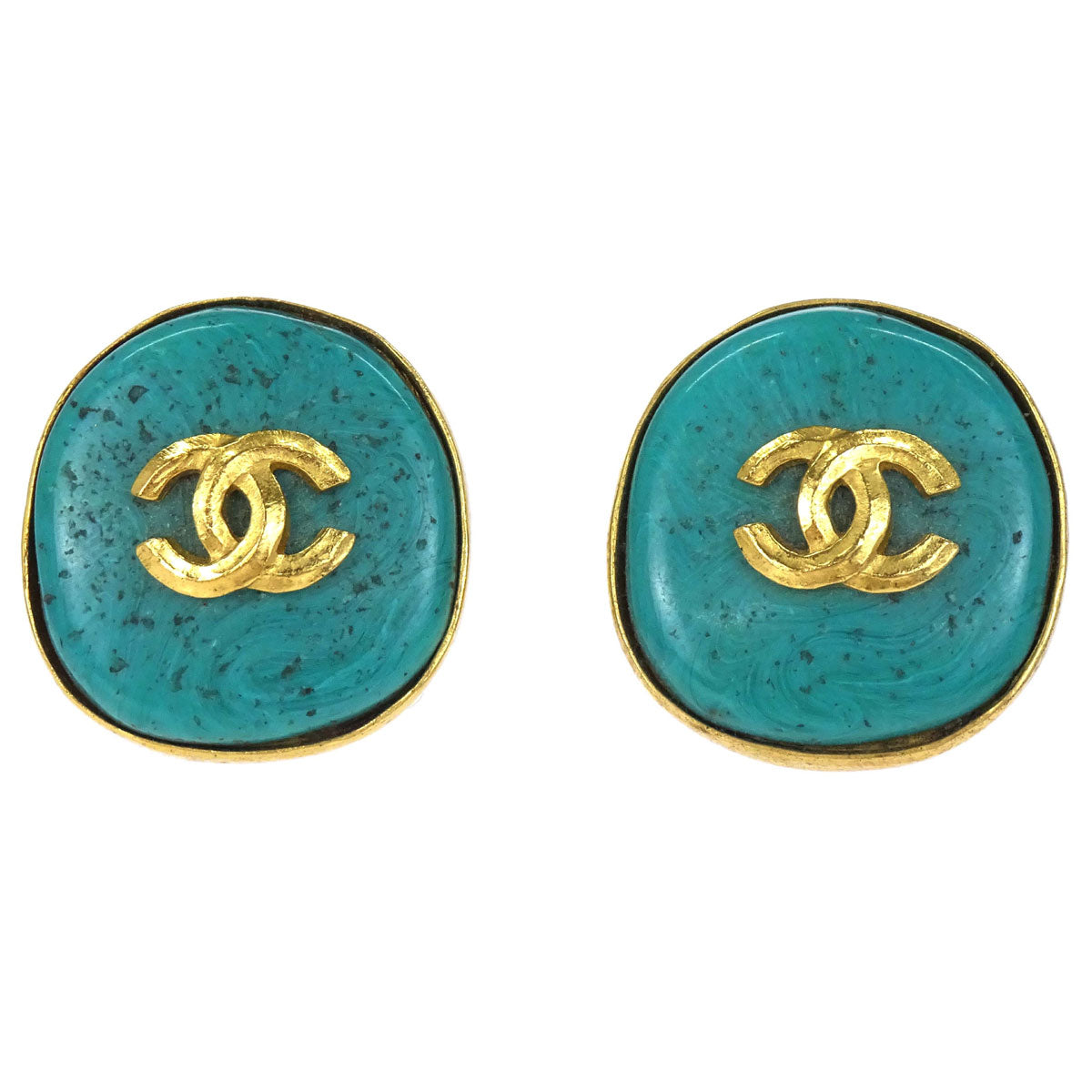 Chanel Button Clip-On Earrings Stone Gold Turquoise Blue 98P