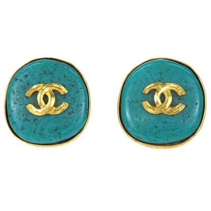 Chanel Button Clip-On Earrings Stone Gold Turquoise Blue 98P
