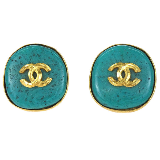 Chanel Button Clip-On Earrings Stone Gold Turquoise Blue 98P