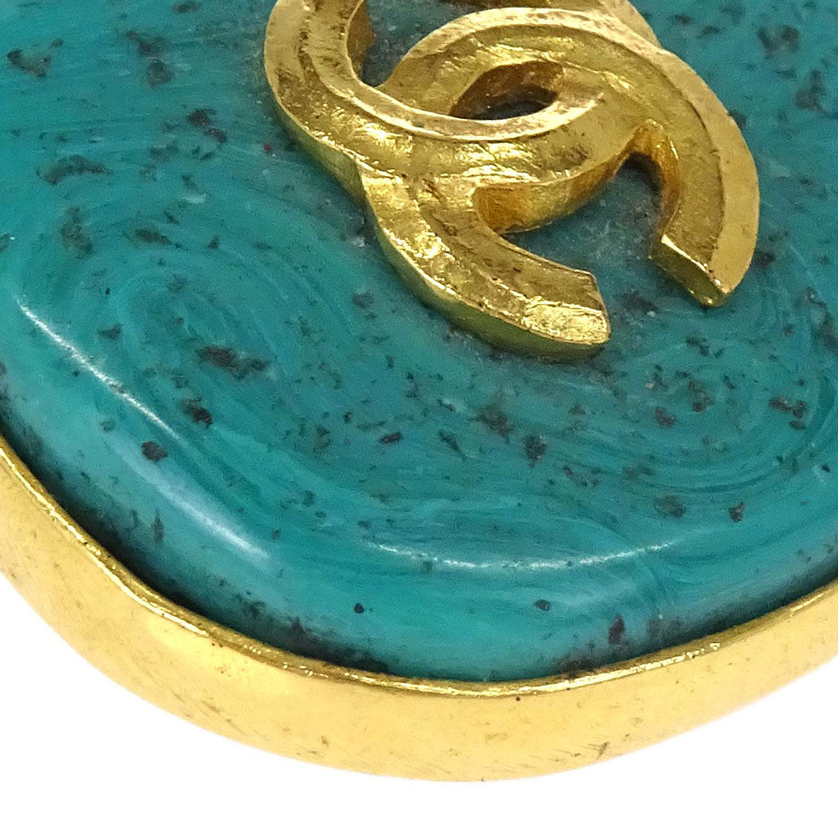 Chanel Button Clip-On Earrings Stone Gold Turquoise Blue 98P