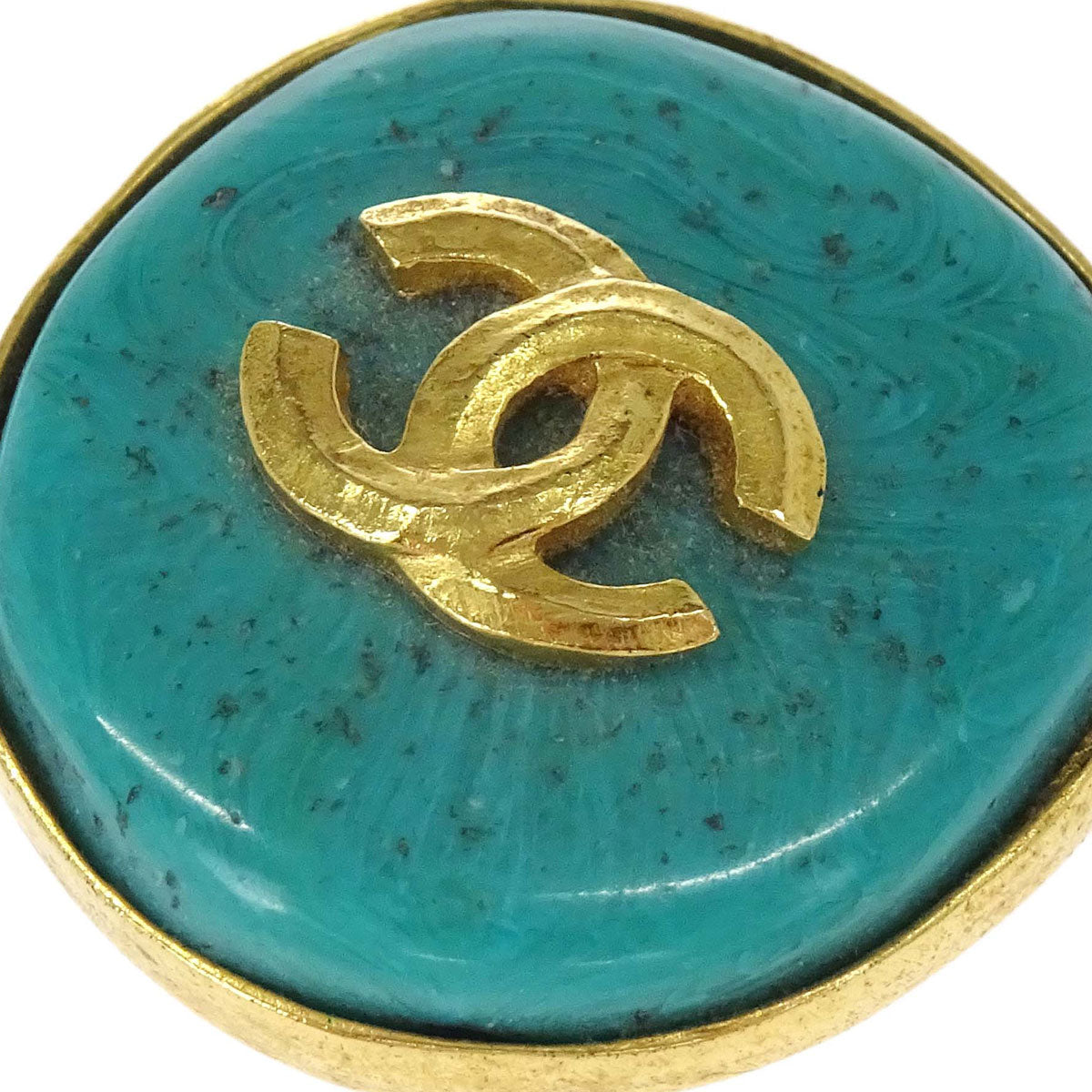 Chanel Button Clip-On Earrings Stone Gold Turquoise Blue 98P