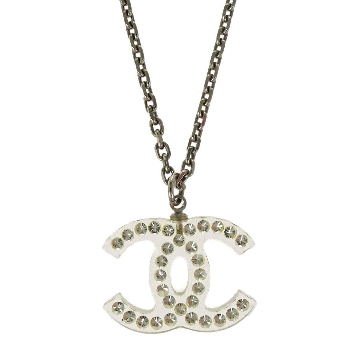 Chanel CC Chain Necklace Pendant Silver Clear 05P