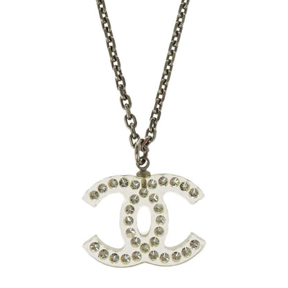 Chanel CC Chain Necklace Pendant Silver Clear 05P
