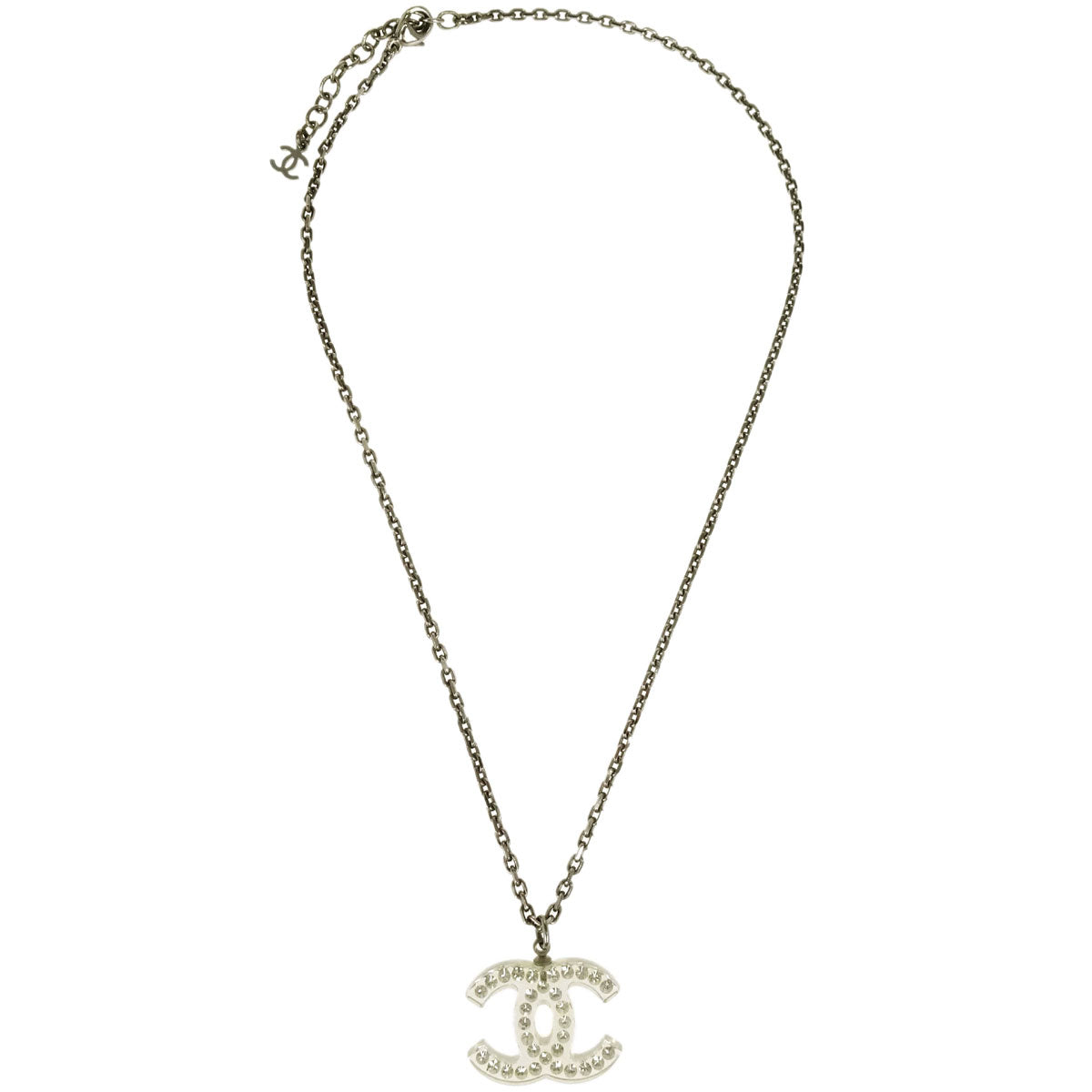Chanel CC Chain Necklace Pendant Silver Clear 05P