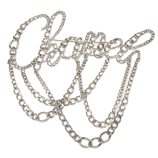 Chanel Logo Dangle Chain Brooch Pin Silver 06P