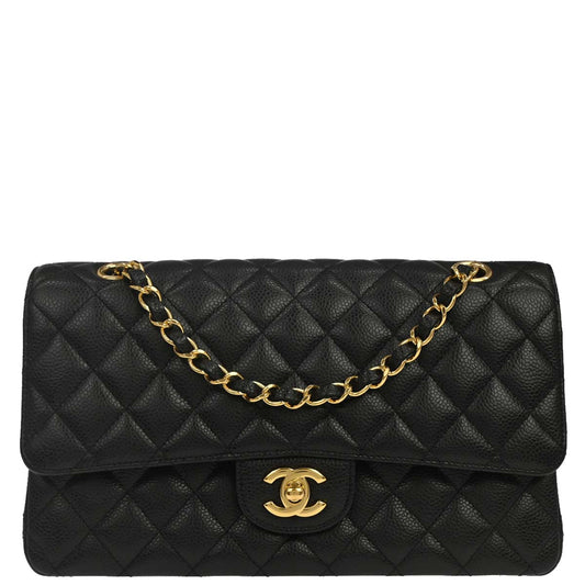 Chanel 2014 Black Caviar Skin Medium Classic Double Flap Shoulder Bag