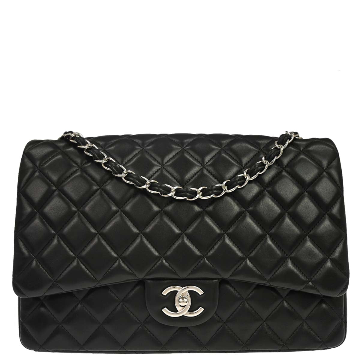 Chanel 2012 Black Lambskin Maxi Classic Double Flap Shoulder Bag