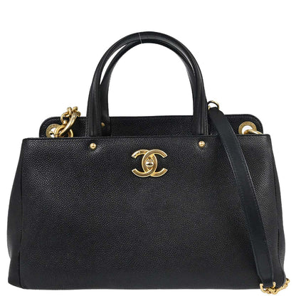 Chanel 2017 Black Caviar Skin Tote 2way Shoulder Handbag