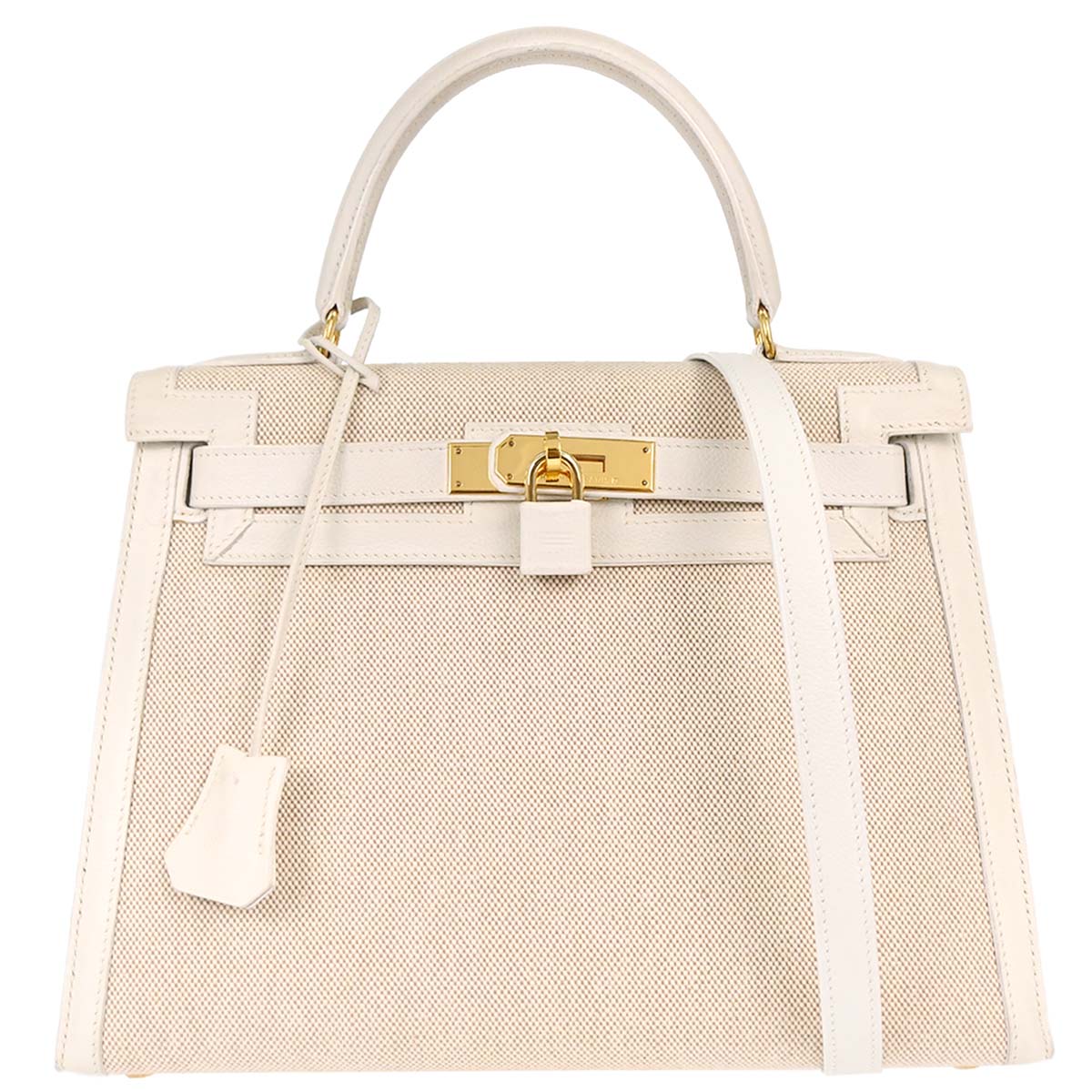 Hermes Beige White Toile H Kelly 28 Sellier 2way Shoulder Handbag