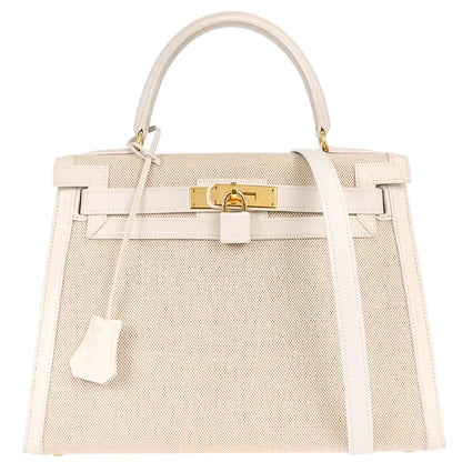 Hermes Beige White Toile H Kelly 28 Sellier 2way Shoulder Handbag