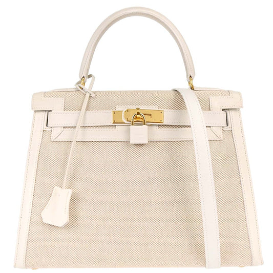 Hermes Beige White Toile H Kelly 28 Sellier 2way Shoulder Handbag