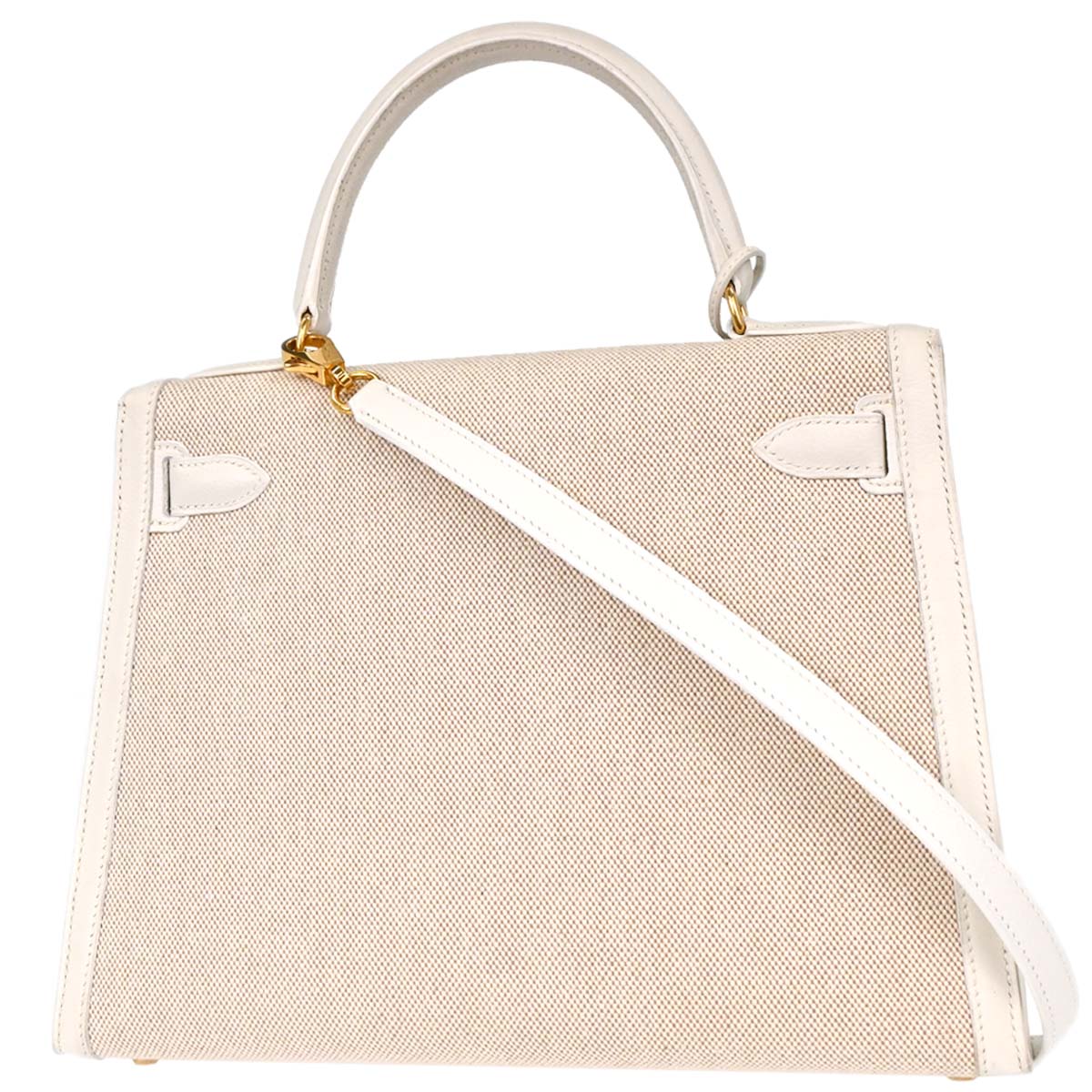 Hermes Beige White Toile H Kelly 28 Sellier 2way Shoulder Handbag