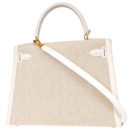 Hermes Beige White Toile H Kelly 28 Sellier 2way Shoulder Handbag