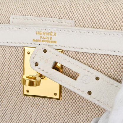 Hermes Beige White Toile H Kelly 28 Sellier 2way Shoulder Handbag