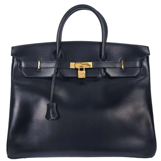 Hermes Blue Indigo Box Calf Birkin 40 Handbag