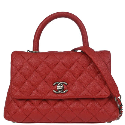 Chanel Red Caviar Skin Coco Handle 2way Shoulder Handbag