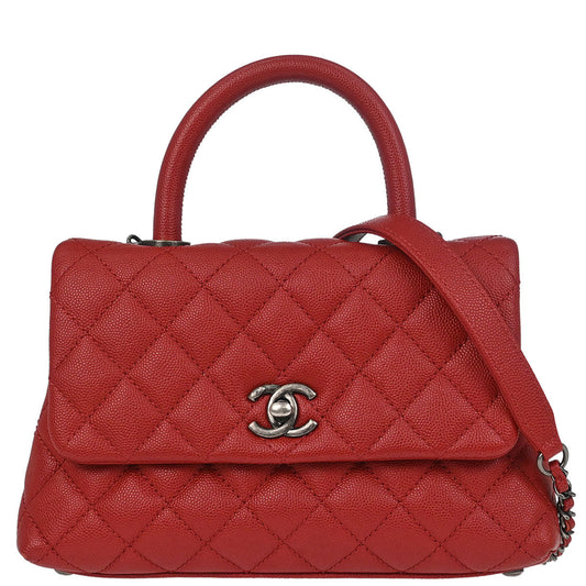 Chanel 2017 Red Caviar Skin Coco Handle 2way Shoulder Handbag