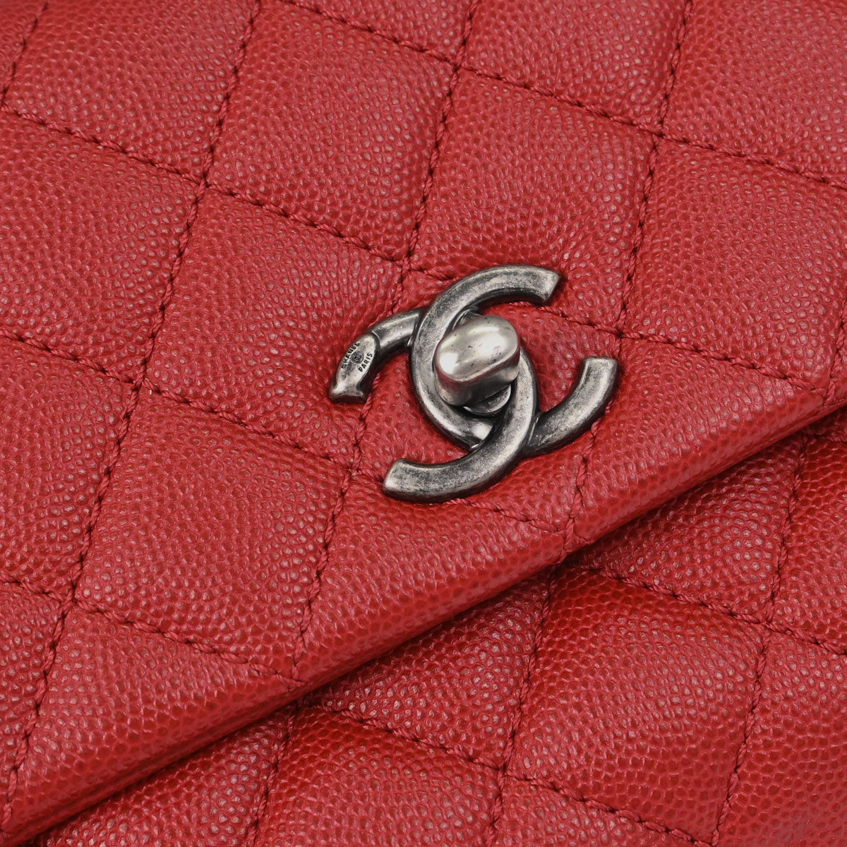 Chanel Red Caviar Skin Coco Handle 2way Shoulder Handbag