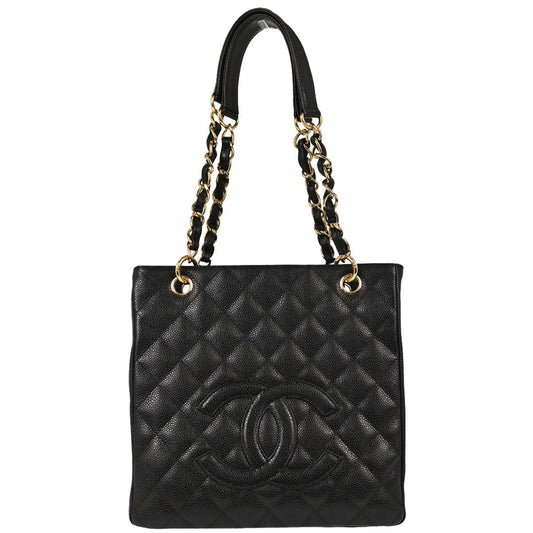 Chanel 2004-2005 Black Caviar Skin Petite Shopping Tote PST Chain Handbag