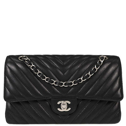 Chanel Black Caviar Skin Chevron Medium Classic Double Flap Shoulder Bag