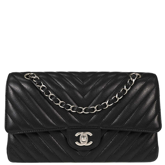 Chanel 2018-2019 Black Caviar Skin Chevron Medium Classic Double Flap Shoulder Bag