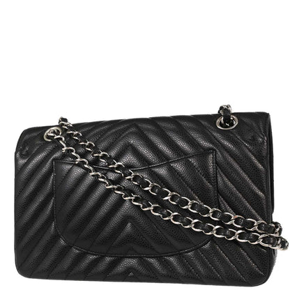 Chanel Black Caviar Skin Chevron Medium Classic Double Flap Shoulder Bag