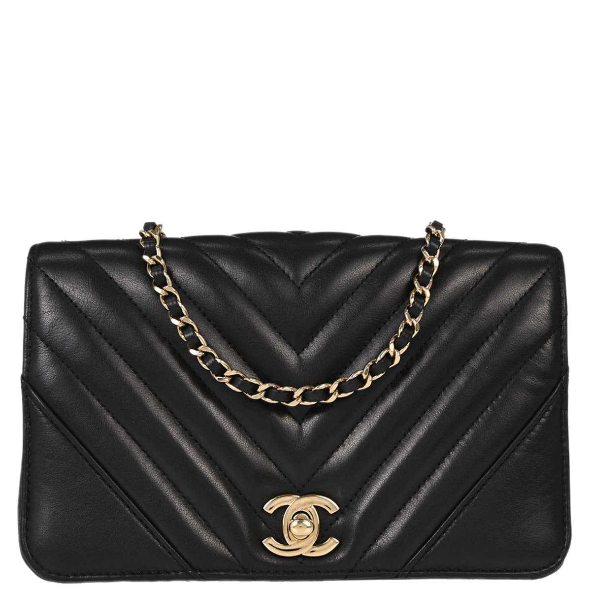 Chanel Black Lambskin Chevron Turnlock Mini Full Flap Shoulder Bag