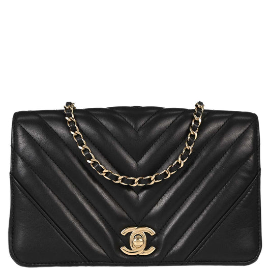 Chanel Black Lambskin Chevron Turnlock Mini Full Flap Shoulder Bag