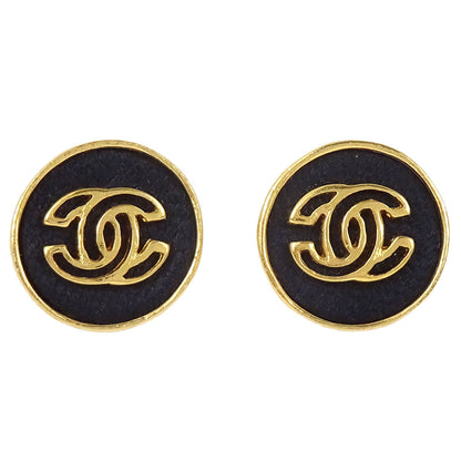 Chanel Button Pierced Earrings Gold Black 03P