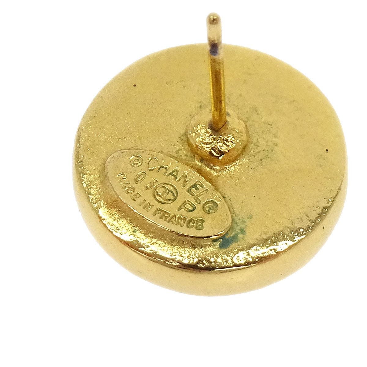 Chanel Button Pierced Earrings Gold Black 03P