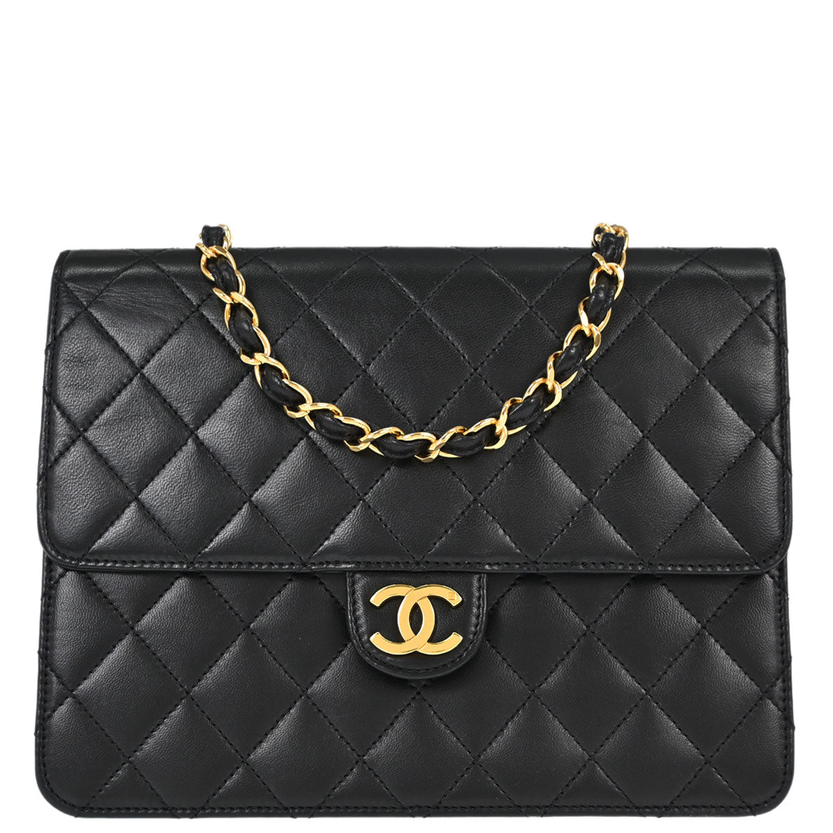 Chanel 1997-1999 Black Lambskin Pushlock Small Half Flap Shoulder Bag