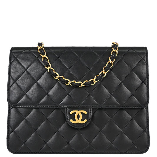 Chanel 1997-1999 Black Lambskin Pushlock Small Half Flap Shoulder Bag