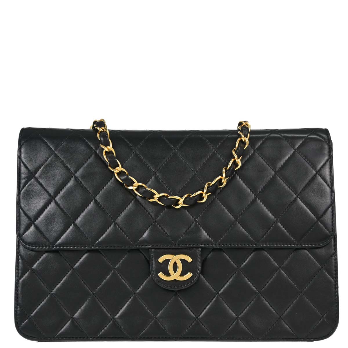 Chanel 1996-1997 Black Lambskin Pushlock Medium Half Flap Shoulder Bag