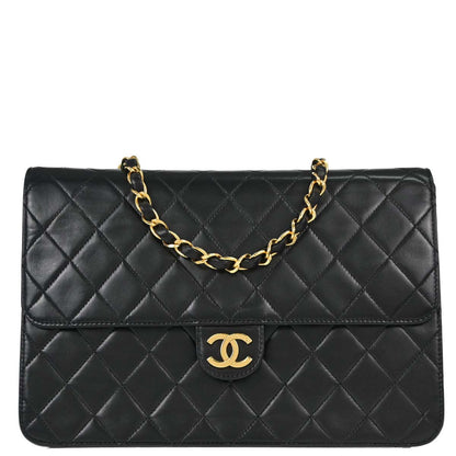 Chanel 1996-1997 Black Lambskin Pushlock Medium Half Flap Shoulder Bag