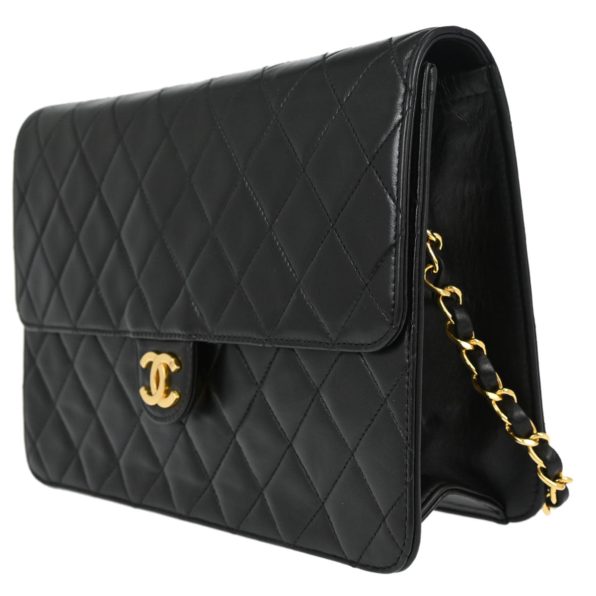 Chanel 1996-1997 Black Lambskin Pushlock Medium Half Flap Shoulder Bag
