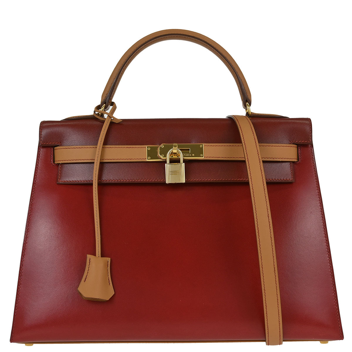 Hermes Rouge H Natural Box Calf Kelly 32 Sellier 2way Shoulder Handbag