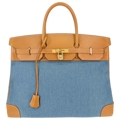 Hermes Blue Jean Natural Toile Jean Vache Birkin 40 Handbag