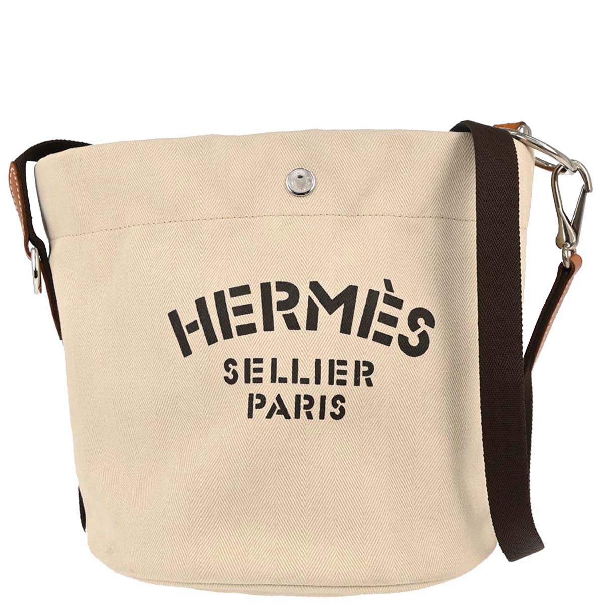 Hermes Beige Toile Chevron Sac de Pansage Bucket Shoulder Bag