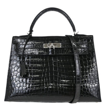 Hermes* Black Niloticus Kelly 32 Sellier 2way Shoulder Handbag