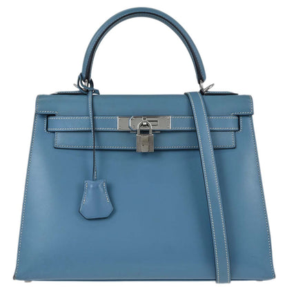 Hermes Blue Jean Box Calf Kelly 28 Sellier 2way Shoulder Handbag