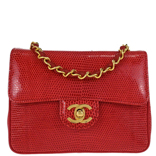 Chanel * 1989-1991 Red Lizard Mini Classic Square Flap Shoulder Bag 17