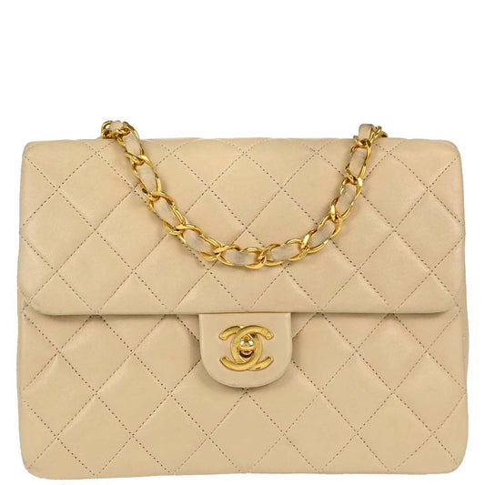 Chanel Beige Lambskin Classic Square Flap Shoulder Bag 20