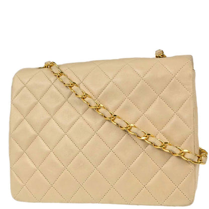 Chanel Beige Lambskin Classic Square Flap Shoulder Bag 20