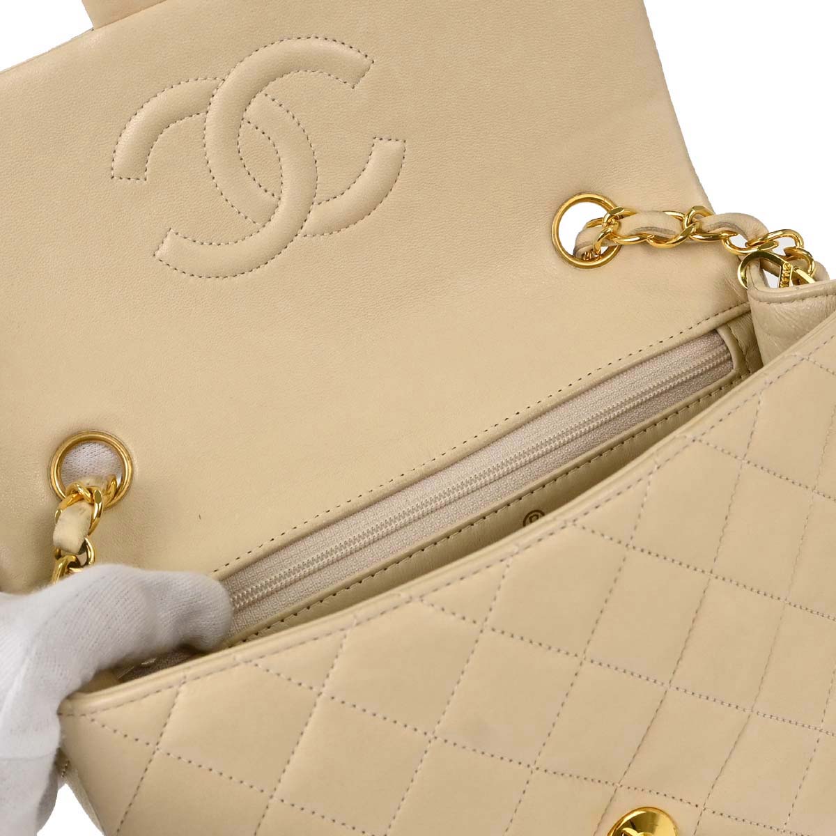 Chanel Beige Lambskin Classic Square Flap Shoulder Bag 20