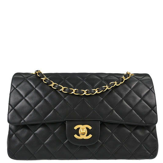 Chanel 1991-1994 Black Lambskin Medium Classic Double Flap Shoulder Bag