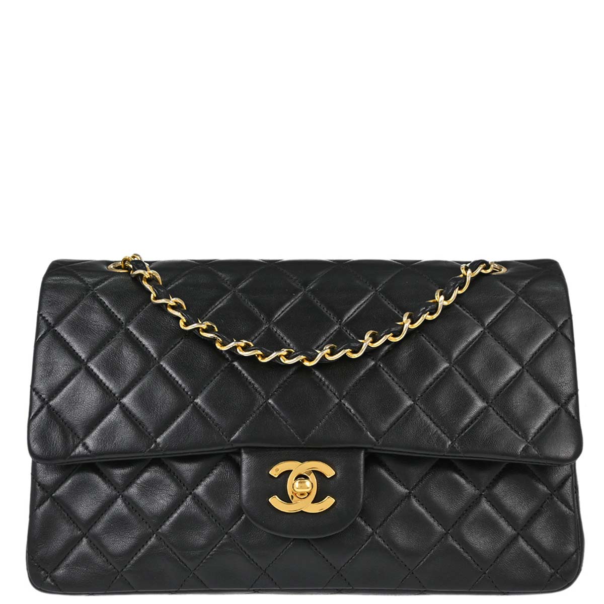 Chanel 1991-1994 Black Lambskin Medium Classic Double Flap Shoulder Bag