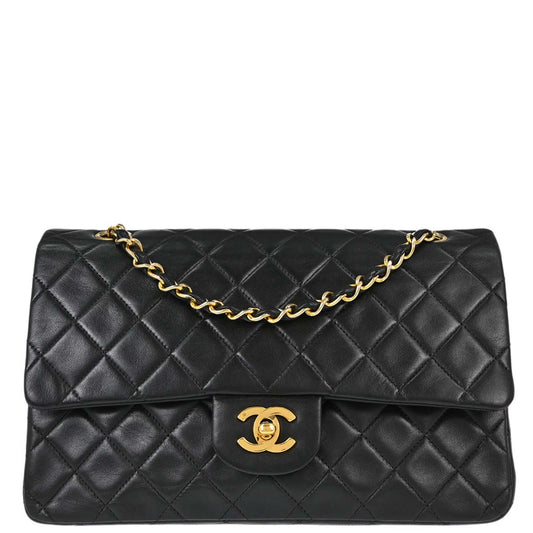 Chanel 1991-1994 Black Lambskin Medium Classic Double Flap Shoulder Bag