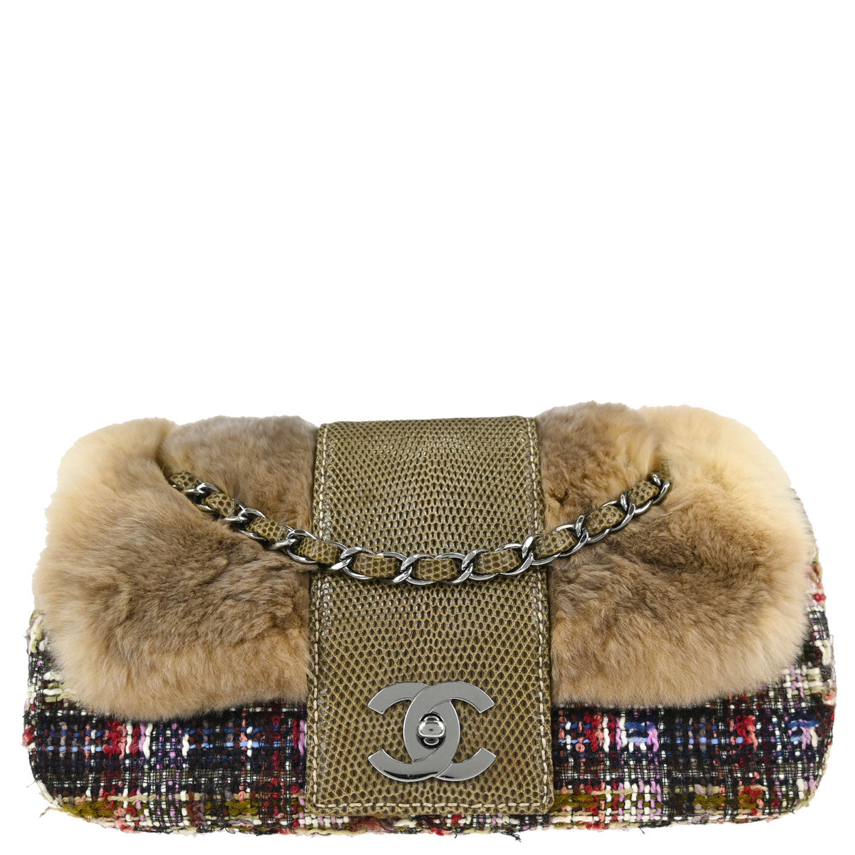 Chanel * Brown Tweed Rabbit Fur Lizard Shoulder Bag
