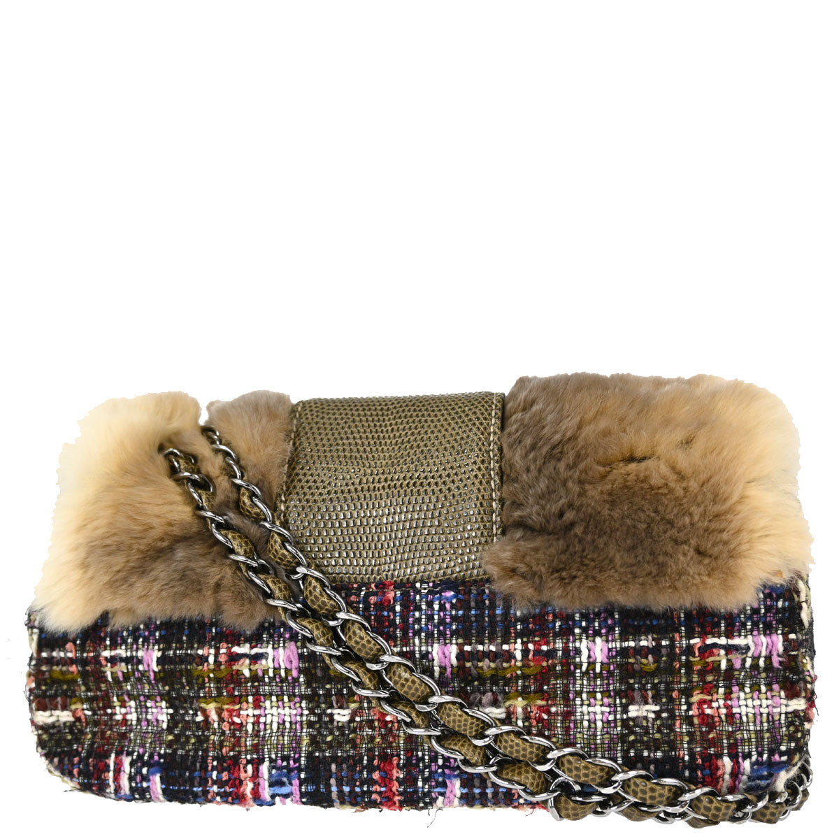 Chanel * Brown Tweed Rabbit Fur Lizard Shoulder Bag