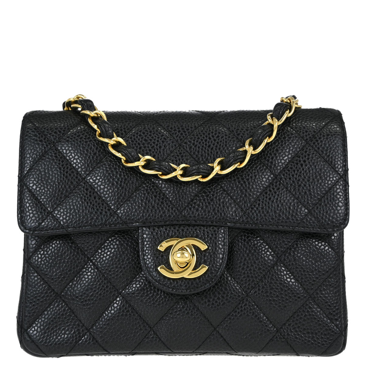 Chanel 2000-2002 Black Caviar Skin Mini Classic Square Flap Shoulder Bag 17